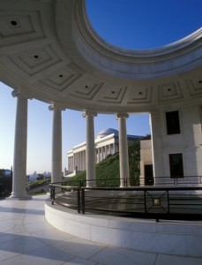 Universal House of Justice through colonnade